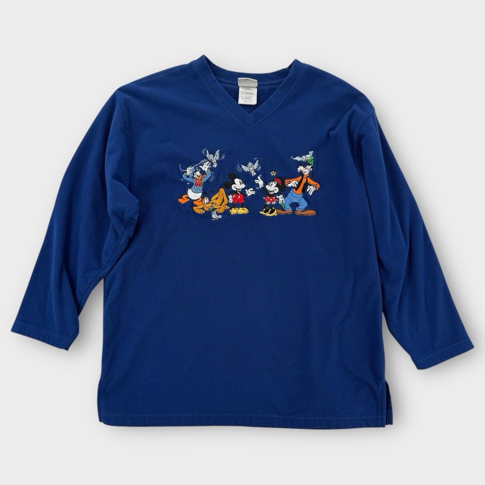 Disney Store Fleece Pullover Mens Medium V-Neck Mickey Pluto Goofy Donald Duck